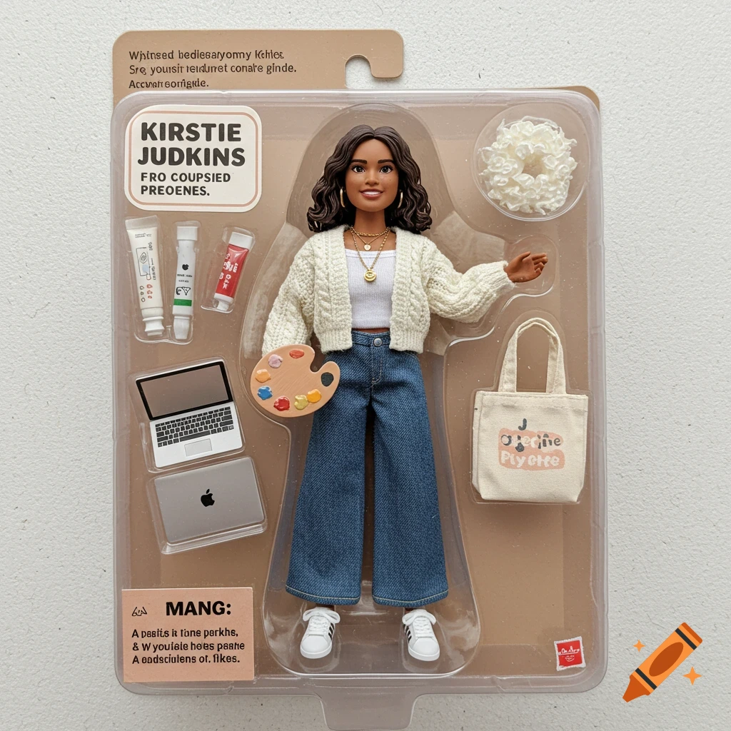 Collectible action figure titled 'Kirstie Judkins' in plastic packaging with accessories.