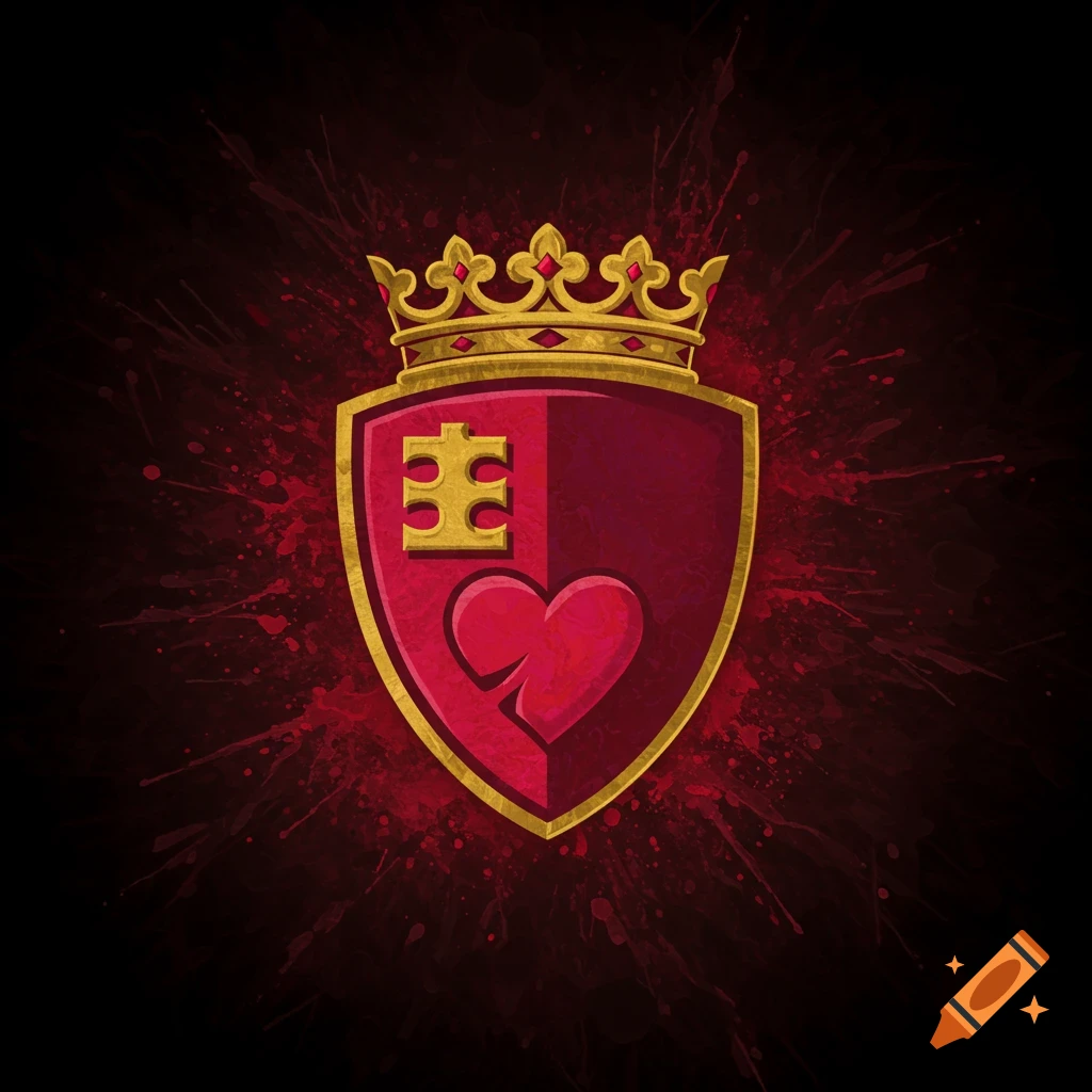A red and gold shield emblem featuring a heart, symbol, and crown is displayed on a dark background with red splatters.