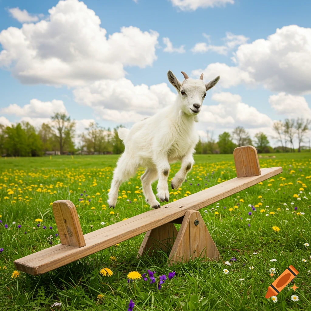 A white goat jumps on a wooden seesaw in a field of yellow and purple wildflowers under a blue sky with clouds.
