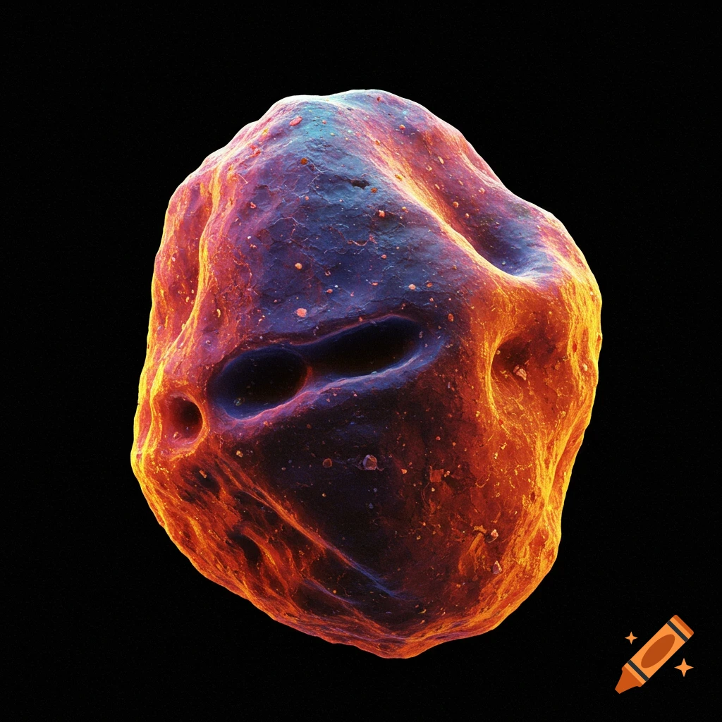 A single microscopic grain with orange and blue lighting on a black background.