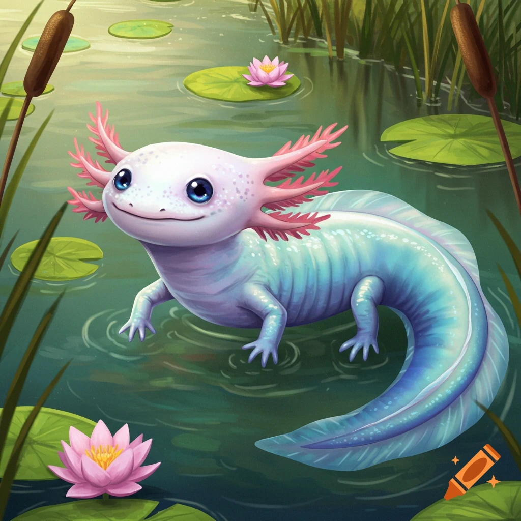 Cute blue and pink axolotl/salamander creature swims in a pond with lily pads and cattails. Digital illustration.