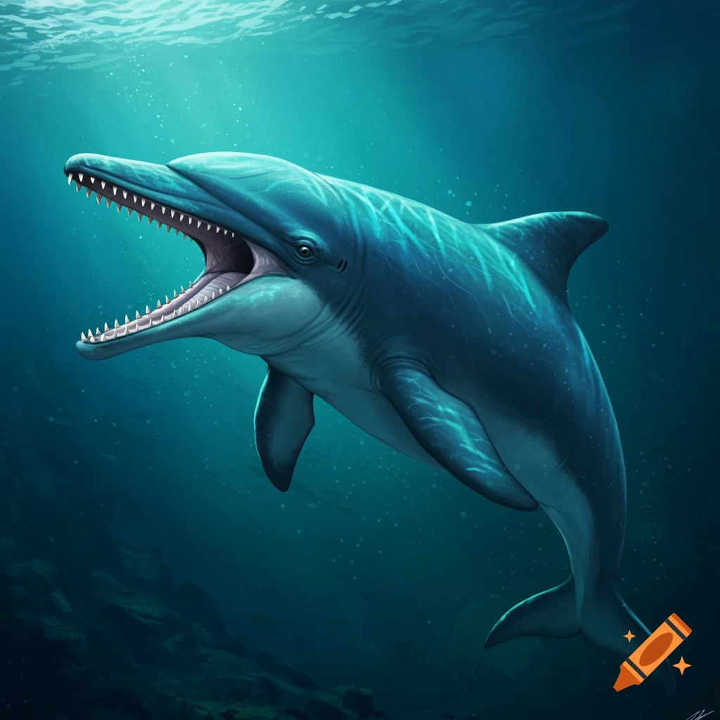 A shark-like dolphin with large teeth swims underwater.