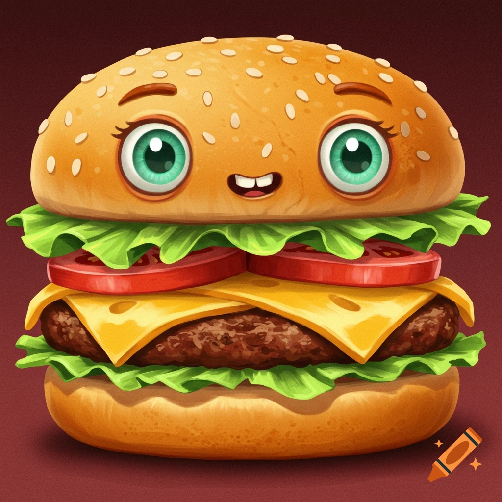 Cartoon hamburger with big eyes and a smile.