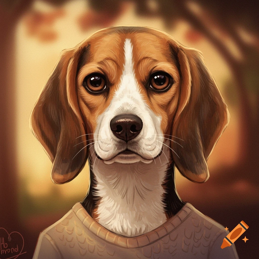 A portrait of a beagle dog wearing a sweater.