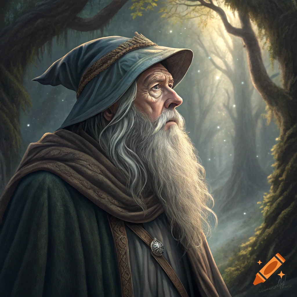 A wizard-like old man with a long white beard looks into a misty forest with sparkling lights.