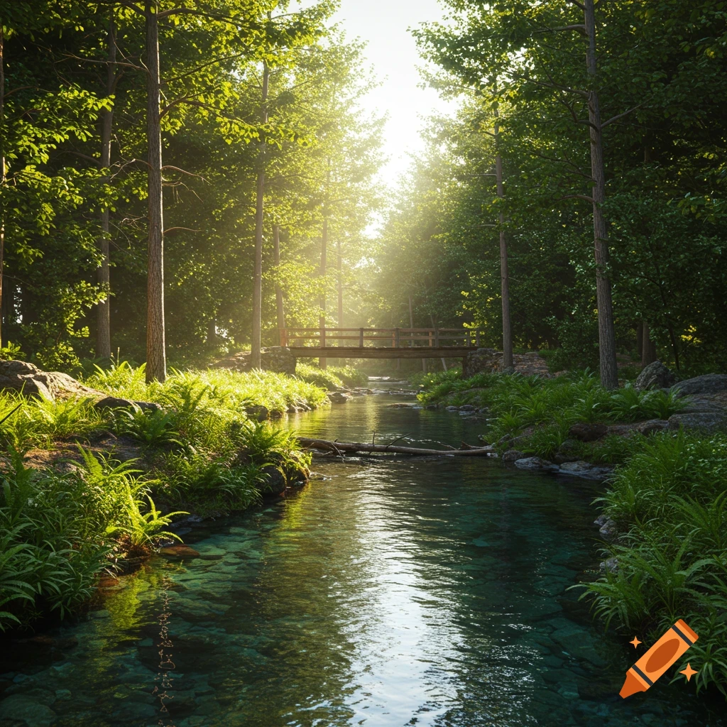 Sunlight filters through trees onto a clear forest creek with a bridge.