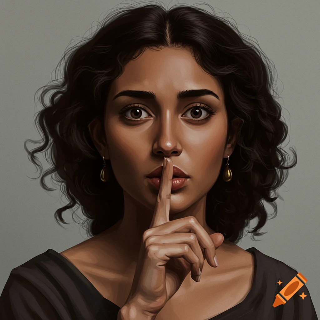 A woman with a finger over her lips indicating silence.