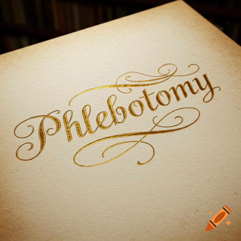 The word Phlebotomy written in gold script on textured paper.