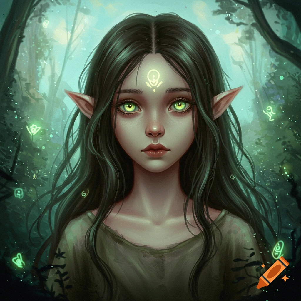 An elf girl with green eyes in a forest.