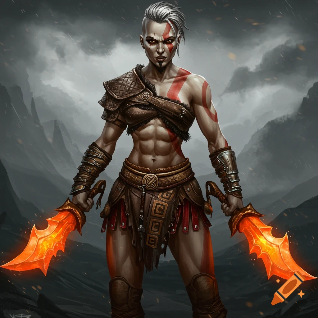 A muscular woman in fantasy armor holds fiery blades in a mountain setting.