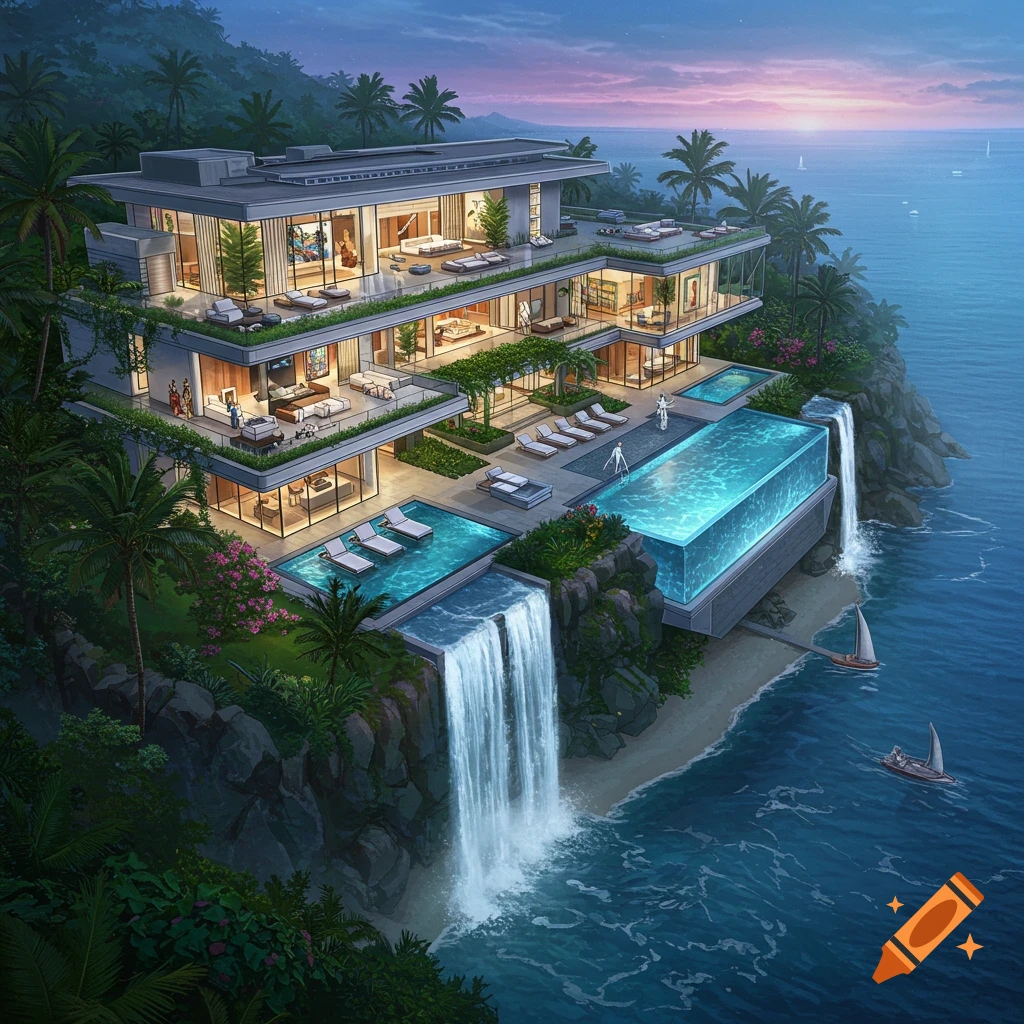 A large, modern mansion sits on a tropical cliff with infinity pools and waterfalls overlooking the ocean.