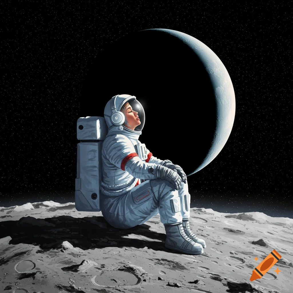 An astronaut wearing headphones is sitting on the moon's surface and looking up at a large crescent moon.
