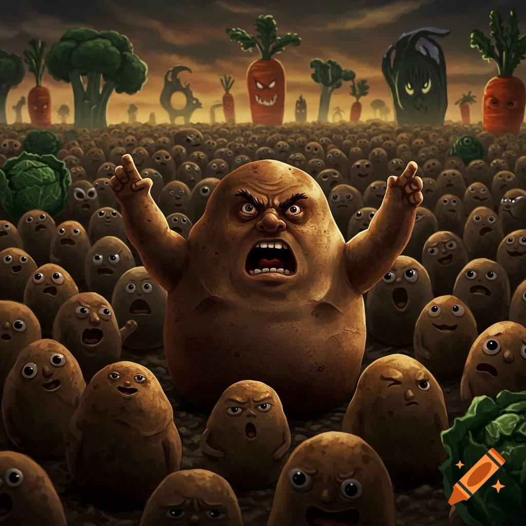A large, angry potato gives a speech to a crowd of smaller potatoes in a field with menacing vegetable characters in the background.