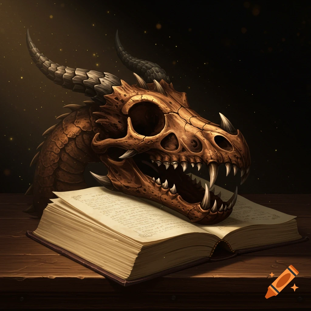 A dragon skull resting on an open book.