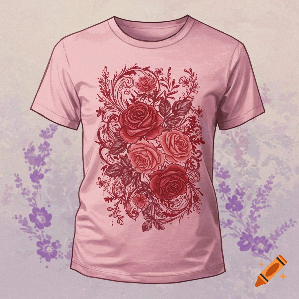 A light pink t-shirt features a dark red central design of roses and scrolling leaves on a light lavender patterned background.