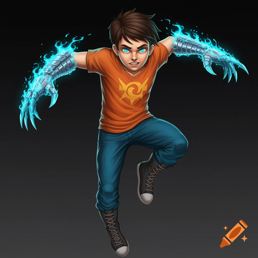 A young boy with glowing blue eyes, blue flaming arm guards with claws, wearing an orange shirt and blue jeans, jumping in a dynamic pose.