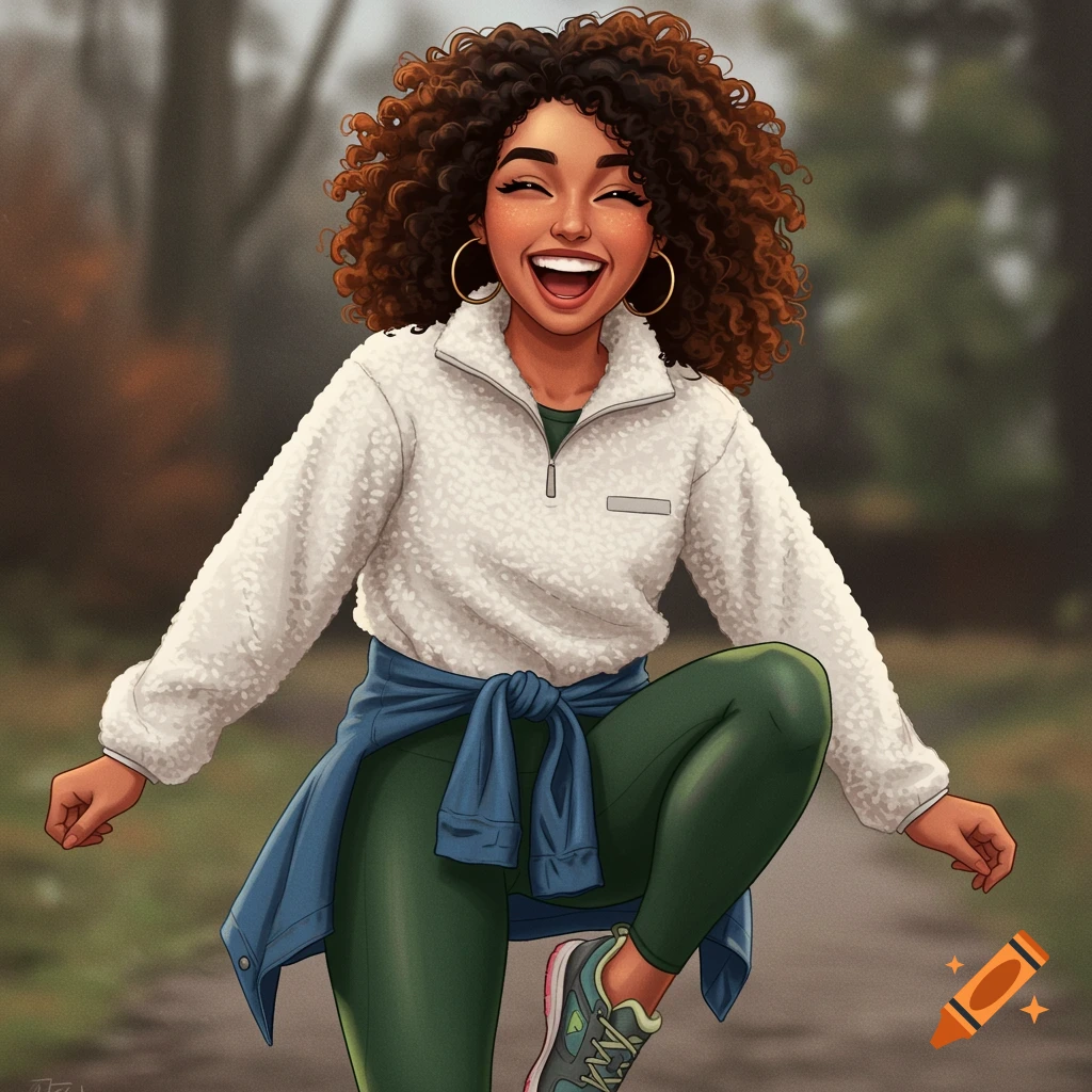 A cheerful young woman exercising outdoors in a fleece jacket and leggings.