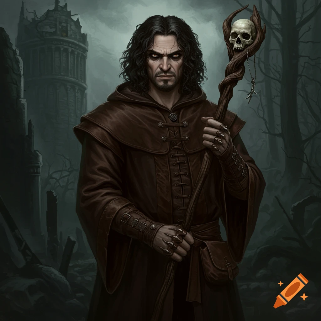 Dark fantasy wizard with glowing eyes holding skull staff in ruins.
