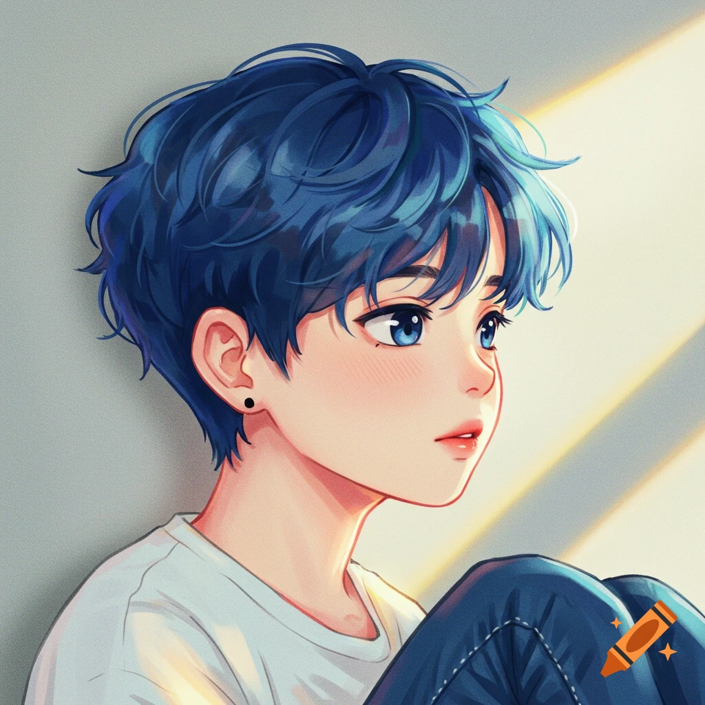 Anime portrait of a young person with blue hair in profile, bathed in sunlight.