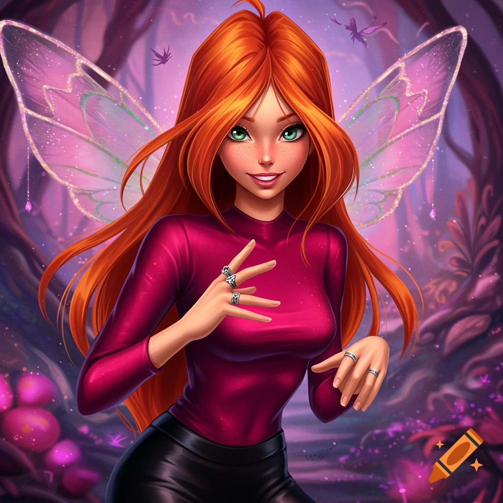 A red-haired fairy with glowing wings is depicted in a magical forest.
