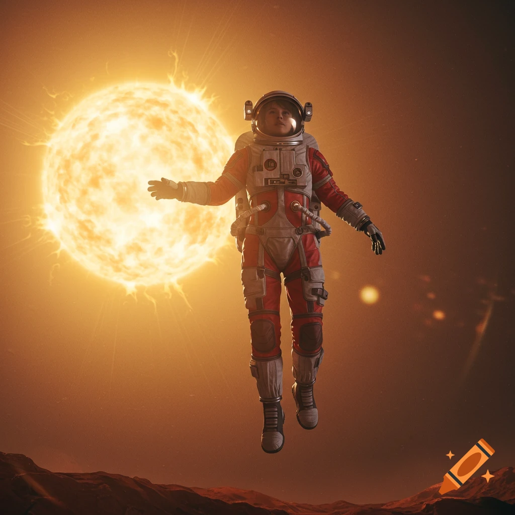 A female astronaut in a red and white suit floats above the surface of Mars, backlit by a bright sun. Photorealistic style.