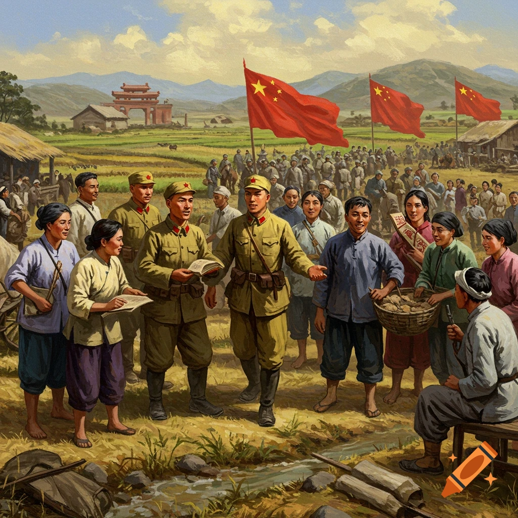 A painting of soldiers interacting with peasants in a rural landscape with Chinese flags.
