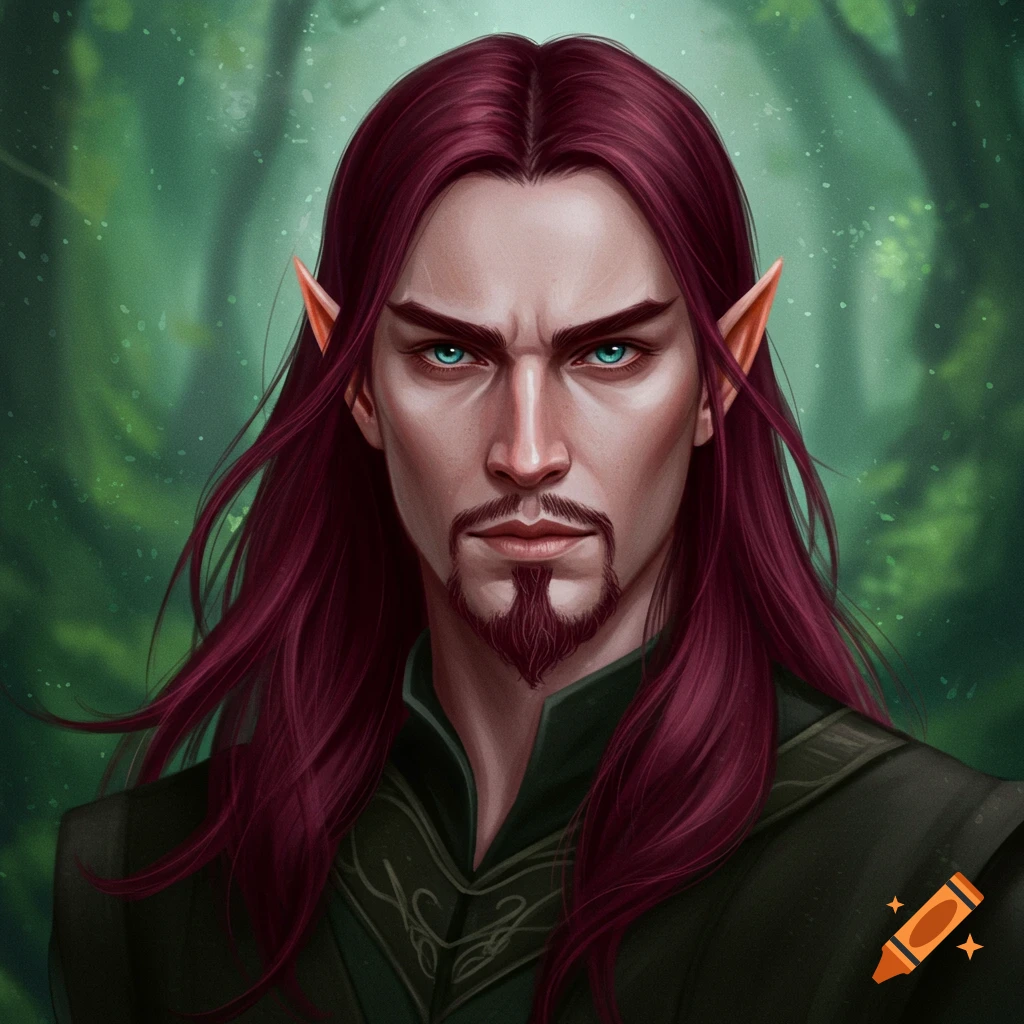 A male elf with long maroon hair and a goatee looks forward in a forest.