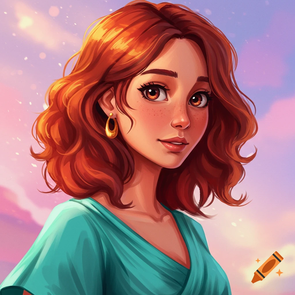 A young woman with red hair and freckles is shown against a colorful sky.