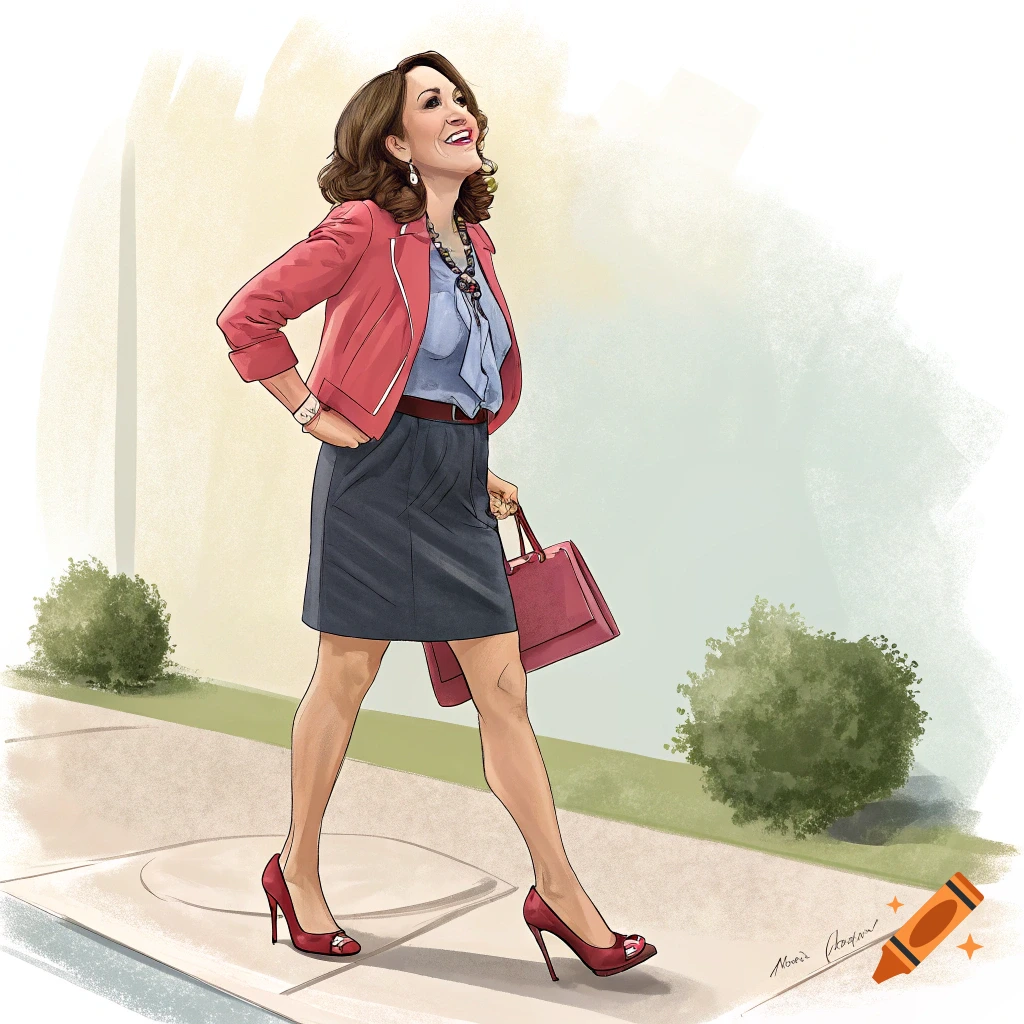 Illustration of a woman in a coral jacket and gray skirt walking.