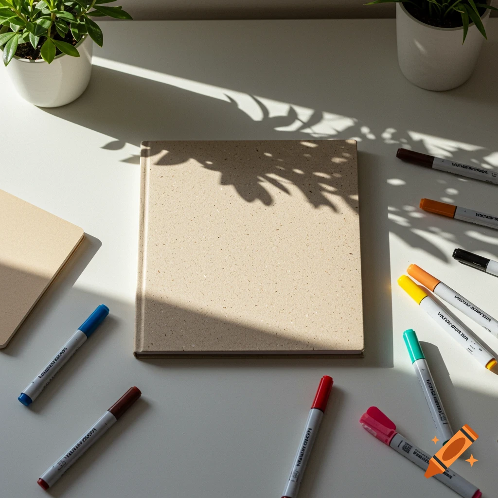Overhead view of a notebook, colorful markers, and a plant on a desk with shadows
