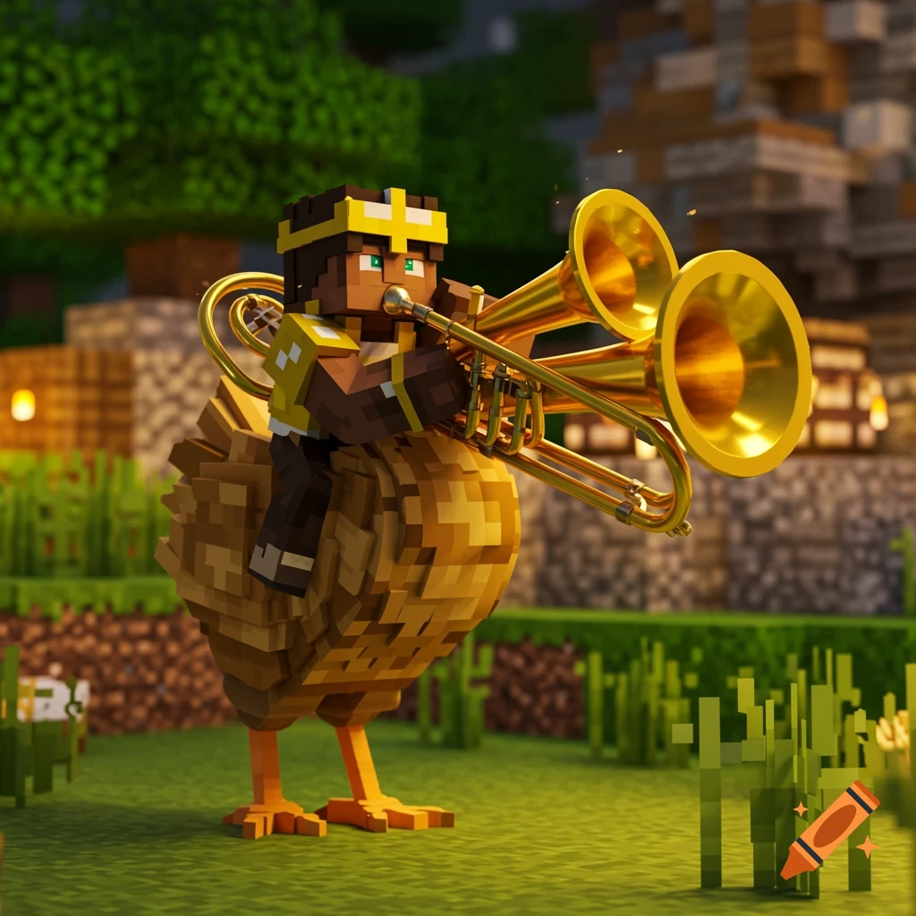 Minecraft character rides a chicken and plays a golden trombone.