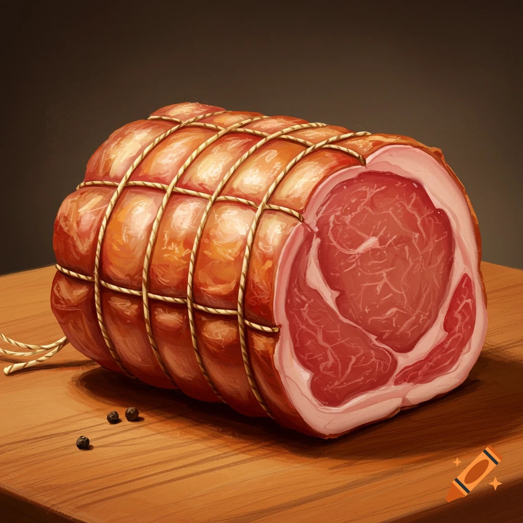 A raw meat roast trussed with string on a wooden table with peppercorns.
