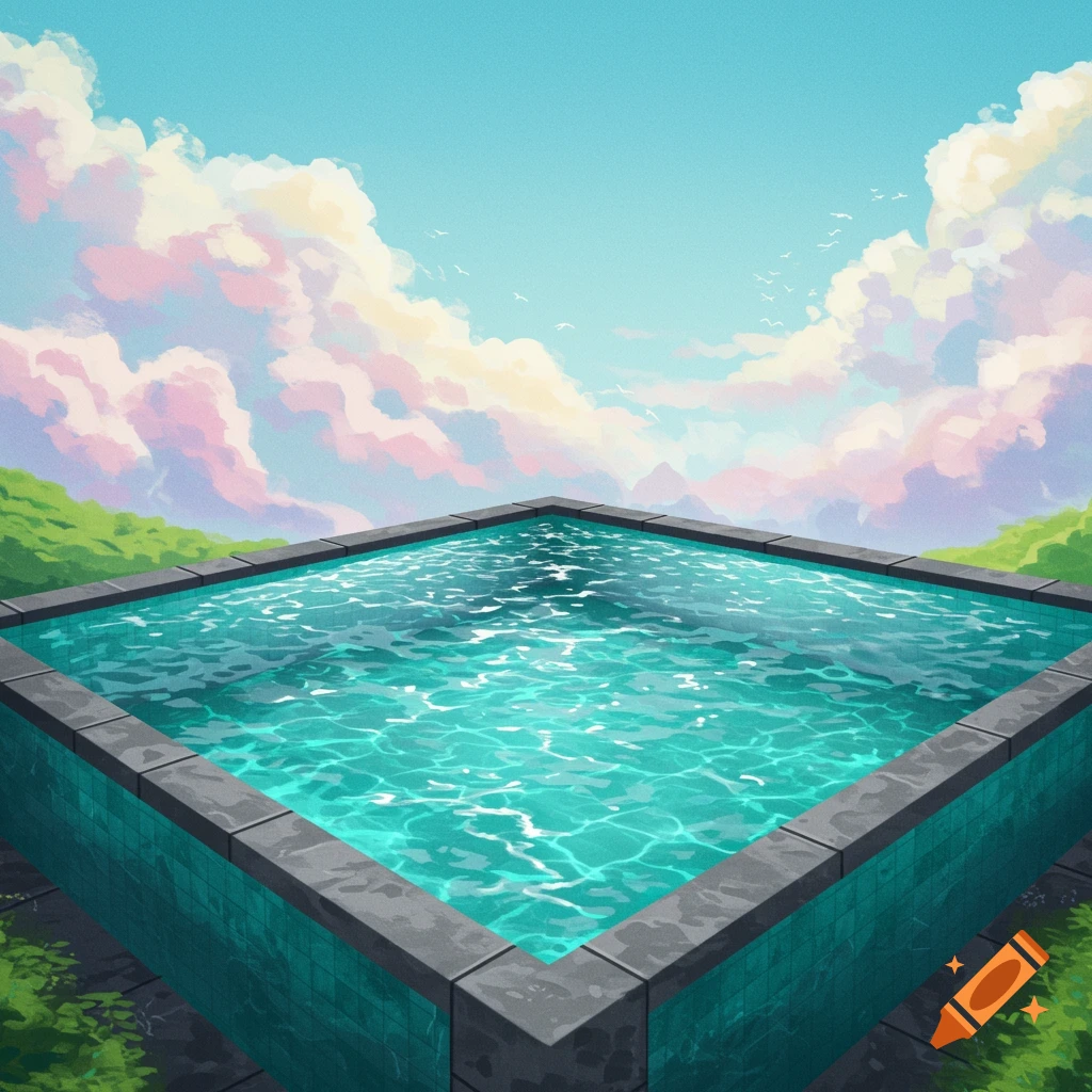 A square pool with turquoise water in a green landscape under a sky with pastel clouds, digital art.