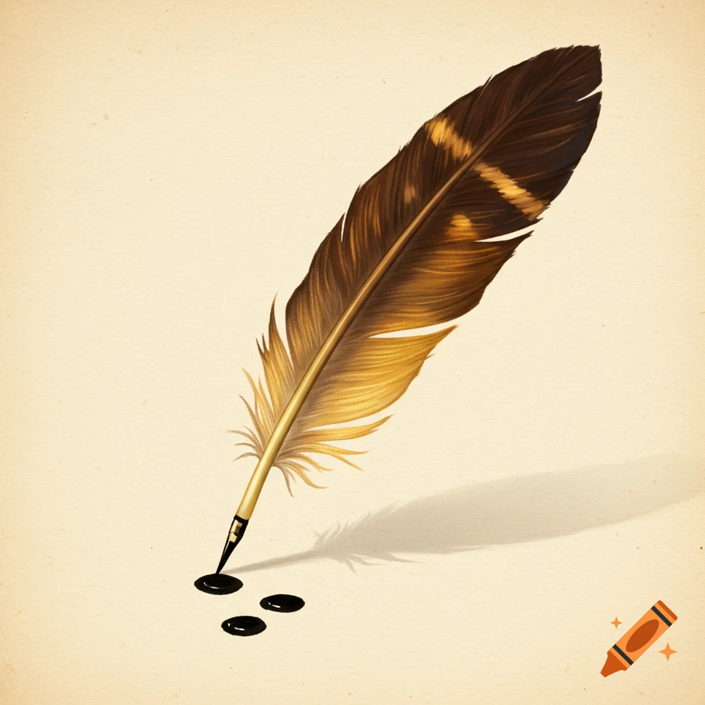 An eagle feather quill pen dipping into three drops of black ink on a light background.
