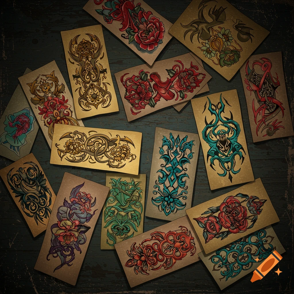 A scattering of colorful tattoo designs or stencils on cards.