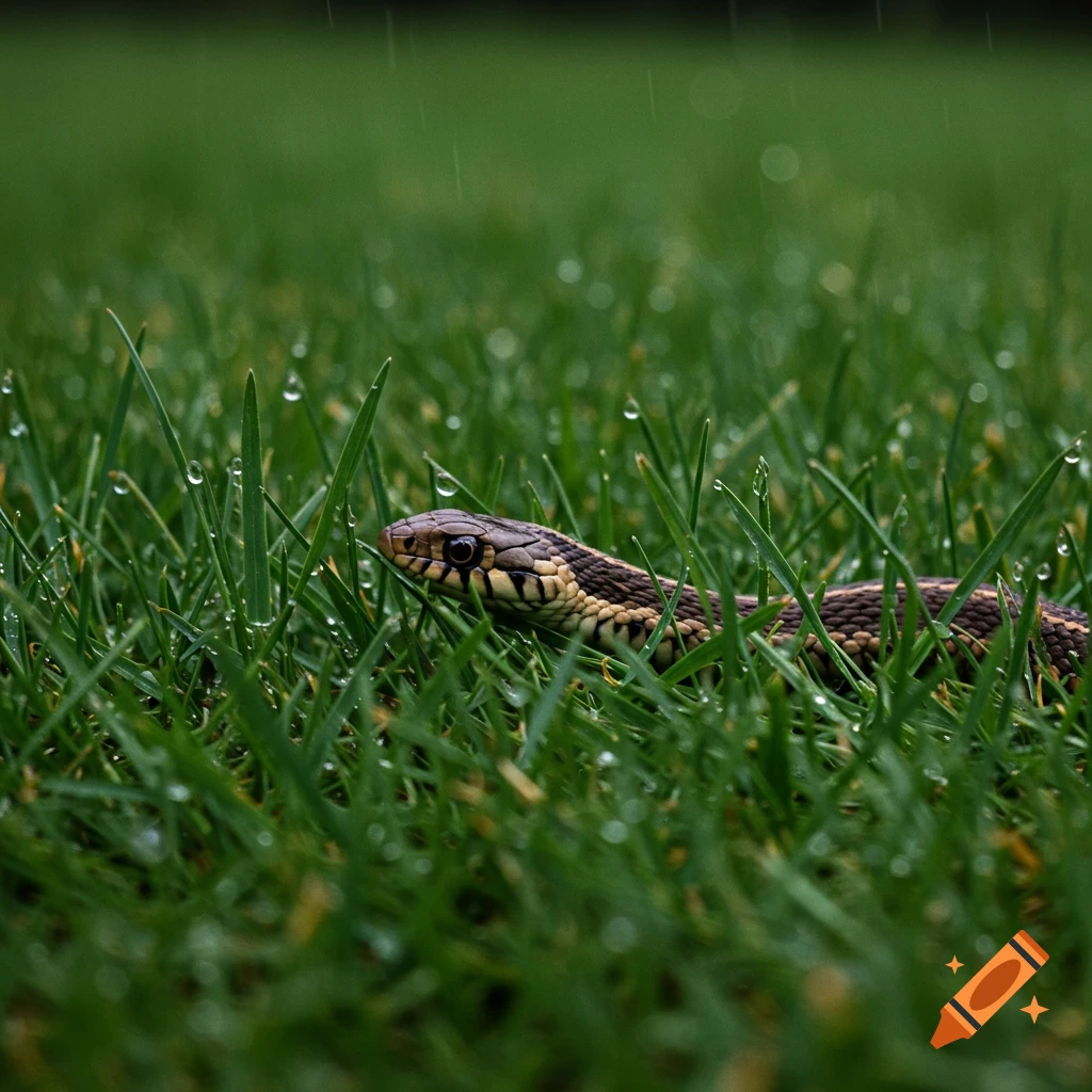 Close-up of a garter snake slithering through wet green grass with water droplets.