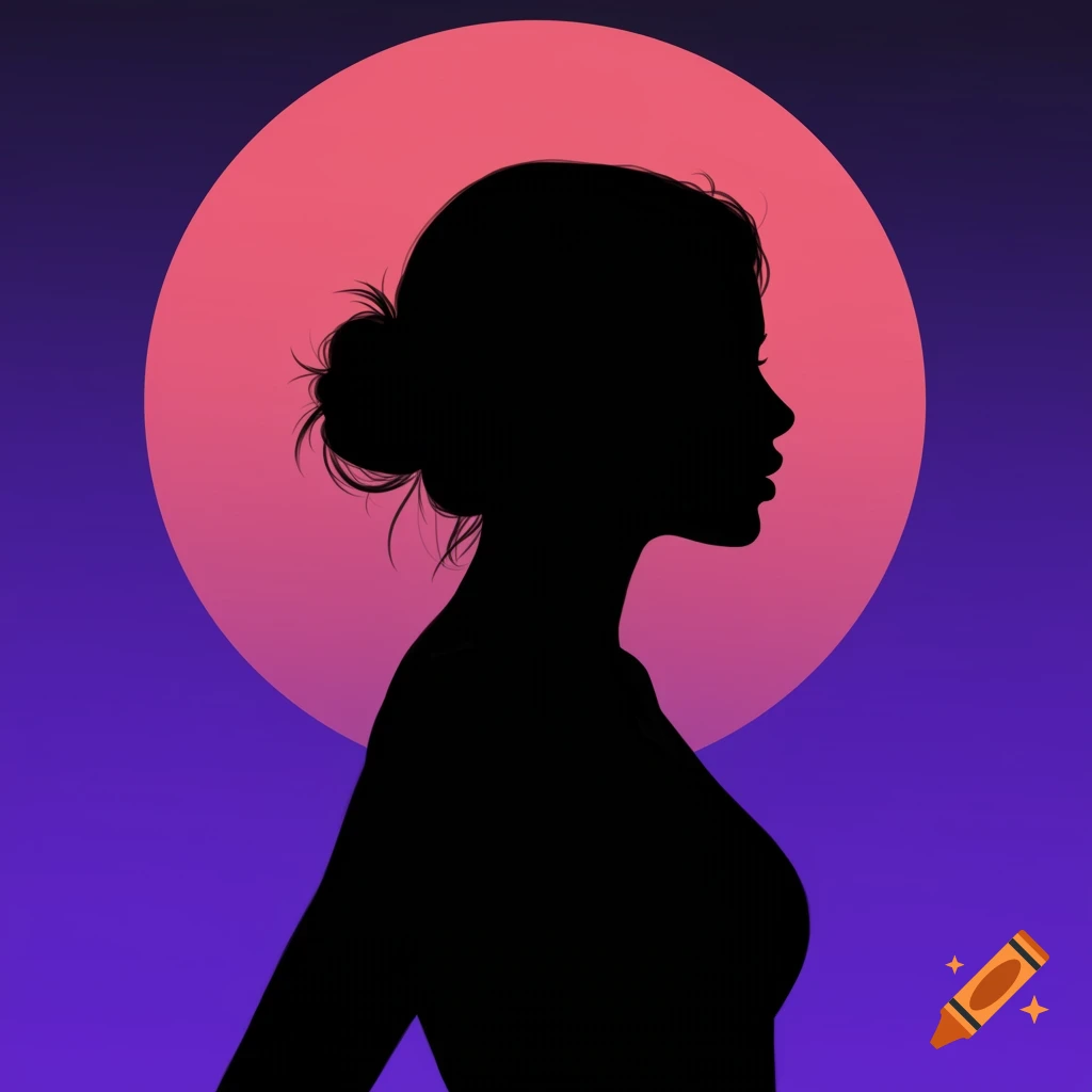 Silhouette of a woman against a pink circle and purple gradient background.