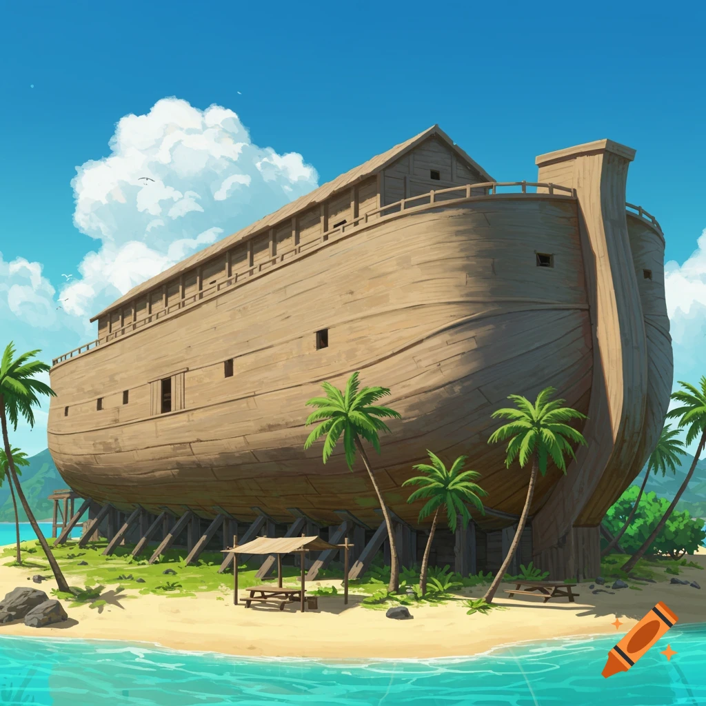 Noah's Ark beached on a tropical island with palm trees and a pergola.