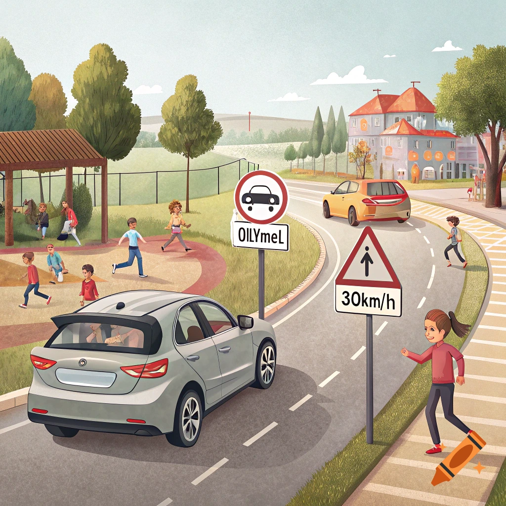 Illustration of children near a road with cars and speed limit signs in a school zone.