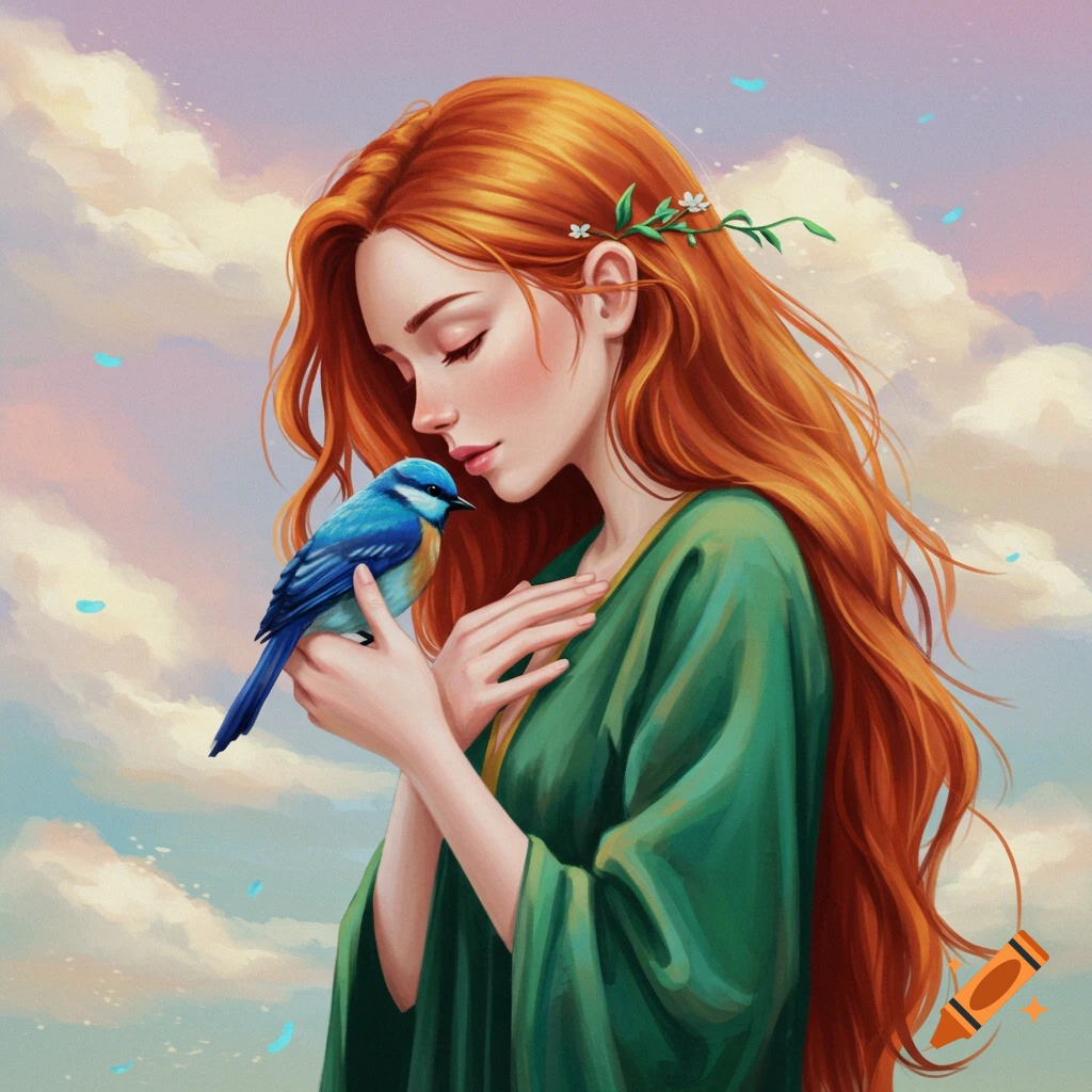 A woman with red hair is holding a blue bird to her chest.