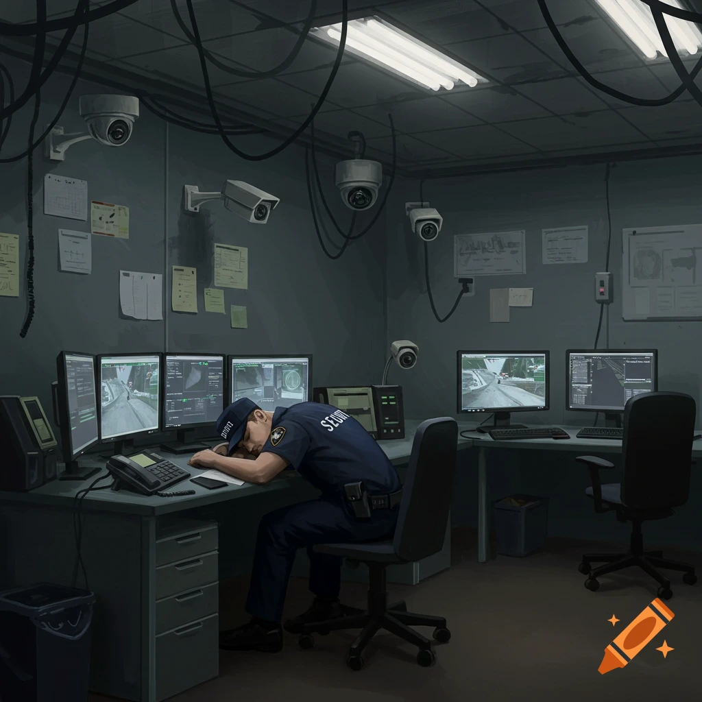 A security guard sleeping at a desk in an office with surveillance monitors and cameras.