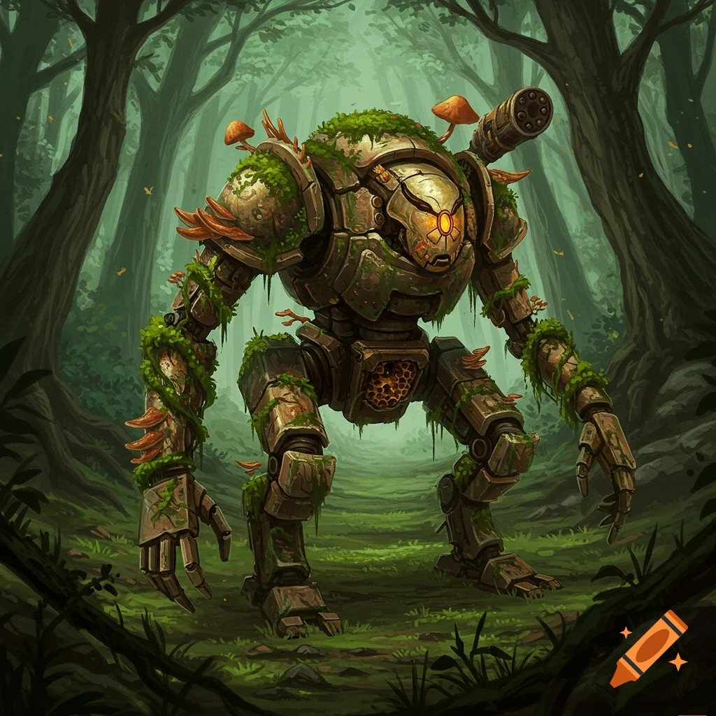 A moss-covered ancient robot stands in a forest.