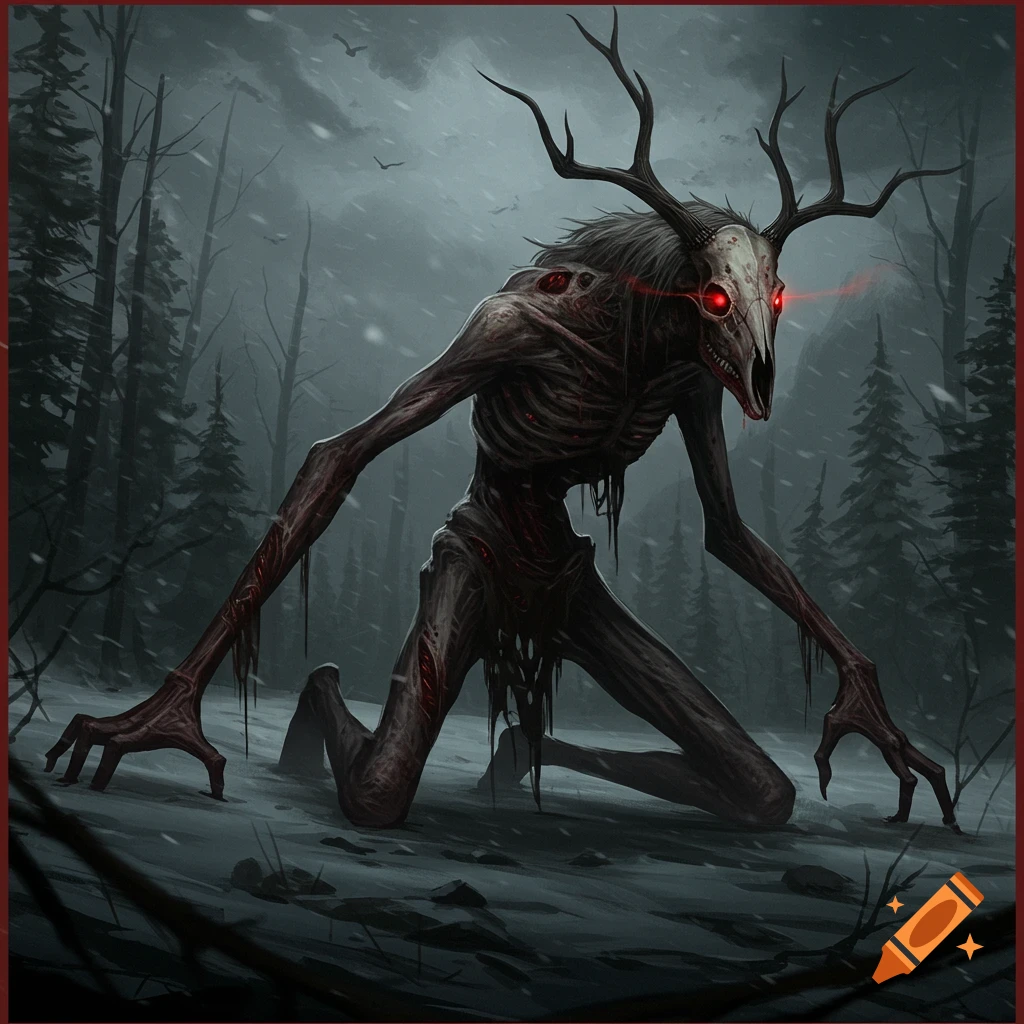A wendigo, a gaunt creature with a deer skull head and antlers, kneeling in a snowy forest.