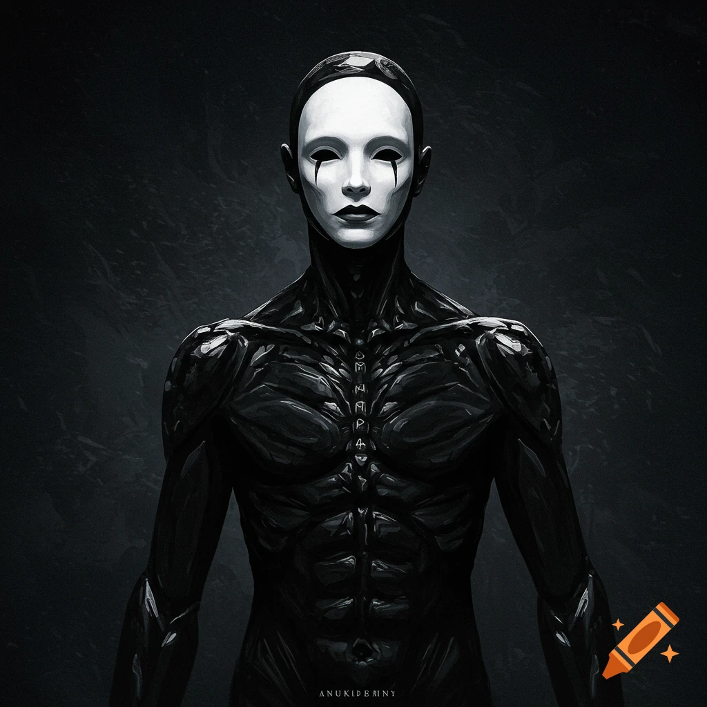 A dark humanoid figure wears a white mask with dark tears.