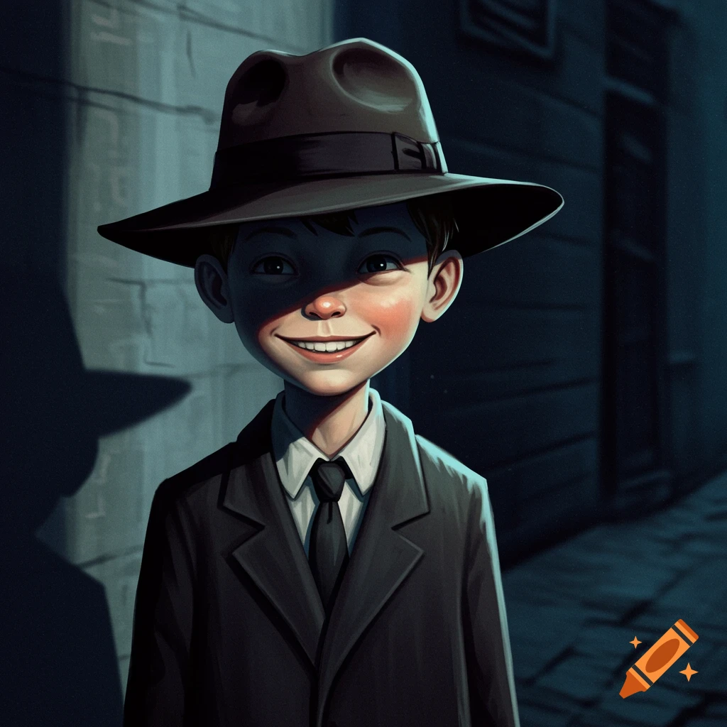 Stylized illustration of a young boy in a fedora and suit standing in a dark alley with dramatic shadows, in a film noir style.