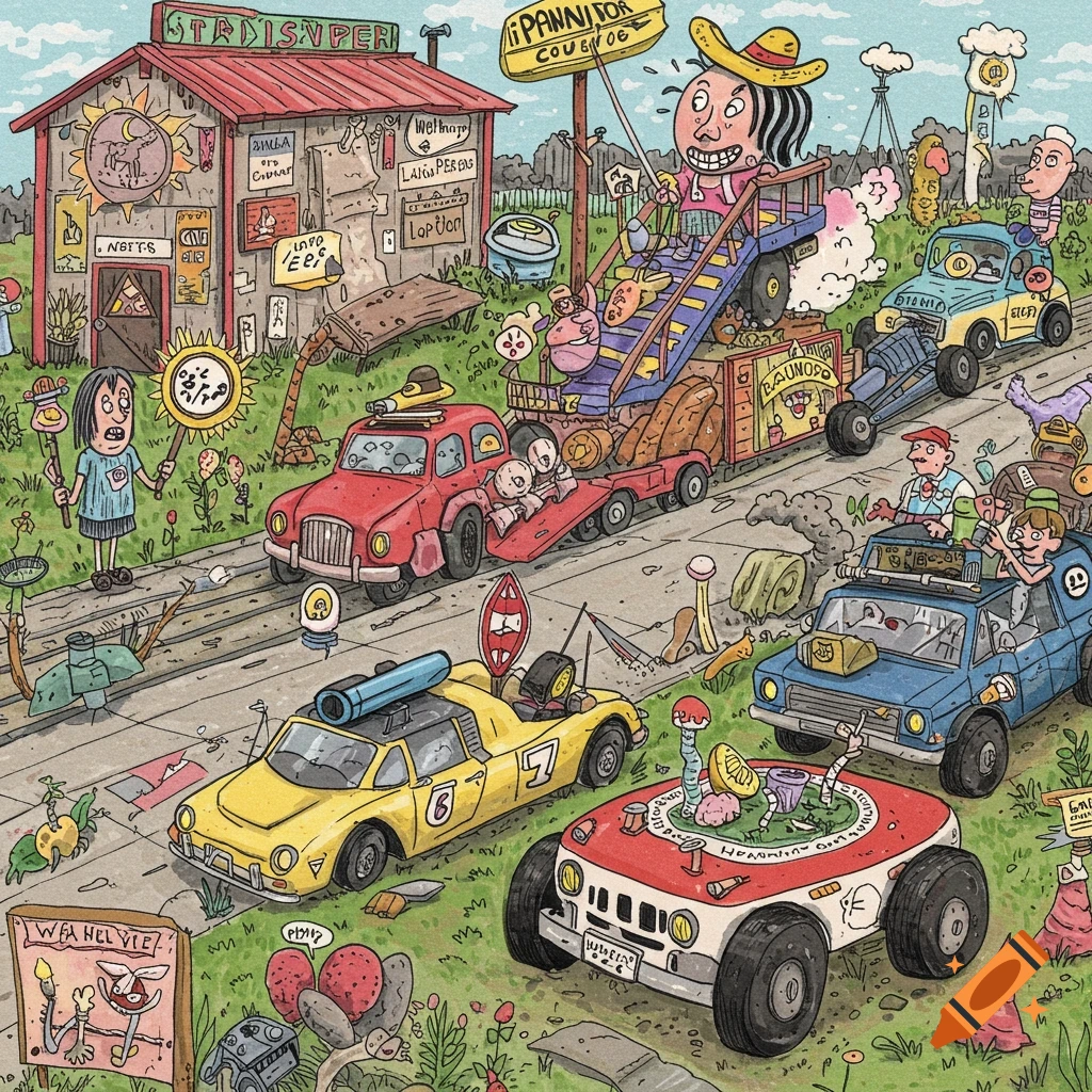 A crowded, surreal cartoon illustration of bizarre vehicles and characters driving on a street with odd buildings and signs.