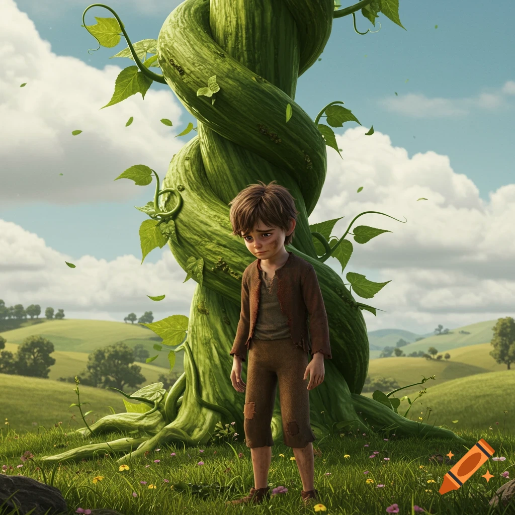 A young boy with a sad expression stands beside a giant beanstalk in a grassy field.
