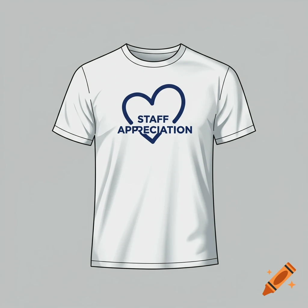 White t-shirt with blue heart logo and 'Staff Appreciation' text design