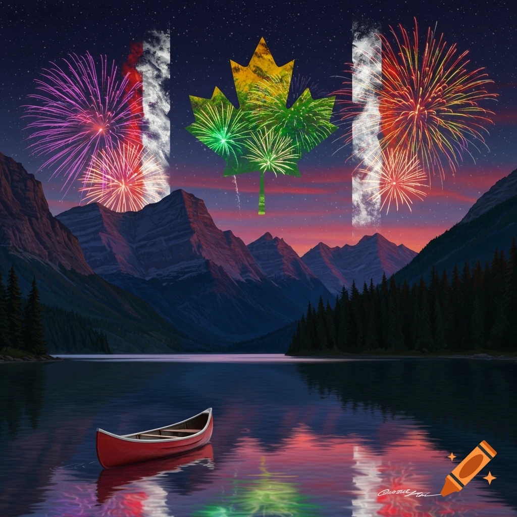 A scenic Canadian landscape featuring a red canoe resting on a tranquil lake. Towering mountains frame the background, and fireworks burst in the sky, forming the iconic Canadian flag.