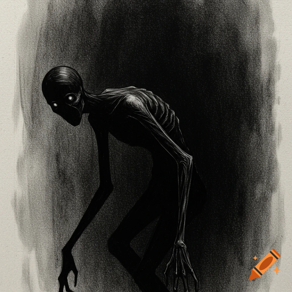 A dark sketch of a gaunt, haunting figure with glowing eyes.